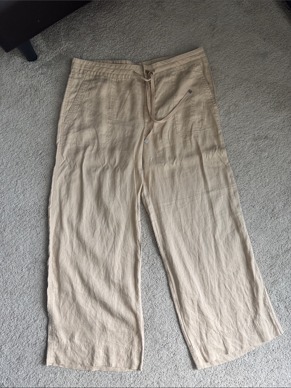 Ralph Lauren Beige Wide-Leg Linen Drawstring Pants